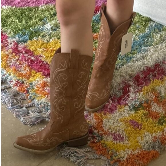 🆕Women Brown Synthetic Leathers Cowgirl Chunky Heel Snip Toe Mid-Calf Boots - Picture 4 of 11